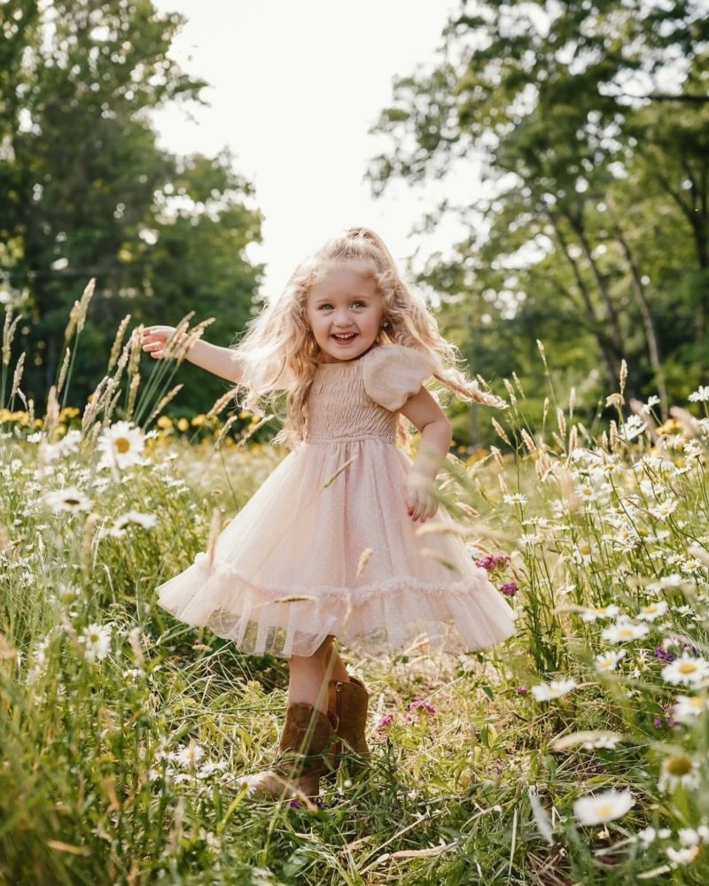 Champagne Smocked Dots Tulle Dress
