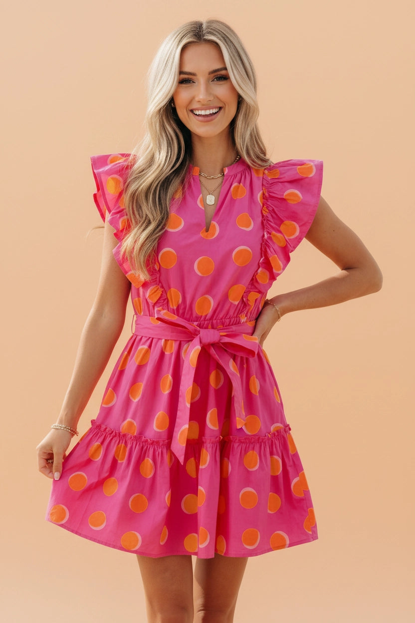 Orange & Pink Flutter Sleeve Belted Dress