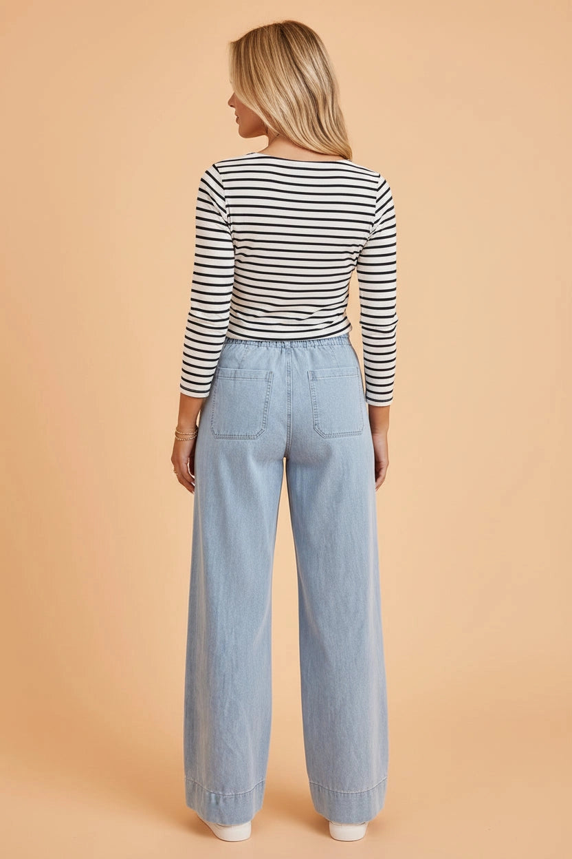 Wide Leg Denim Patch Pocket Jeans