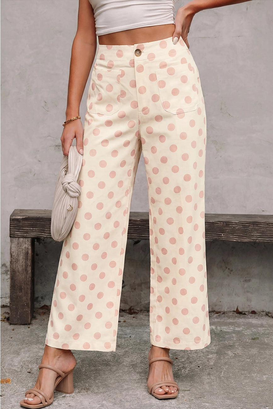 Pink Polka Dot Patch Pocket Wide Leg Pants