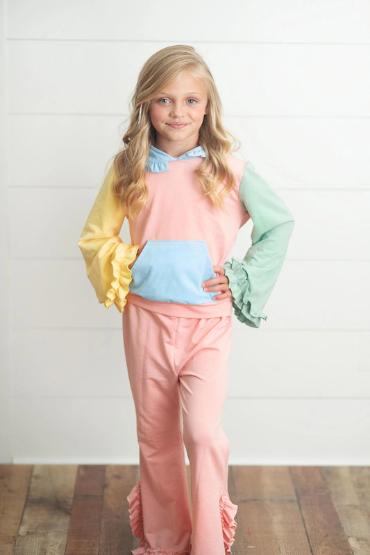 Pastel Color Block Hooded Ruffle Pocket Lounge Set