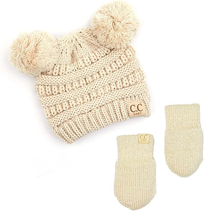 Infant Double Pom Beanie & Mittens Set - Beige