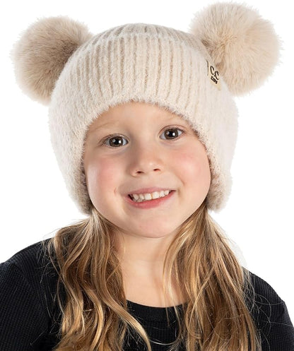Toddler/Kids Double Pom Chenille Earflap Beanie - Beige