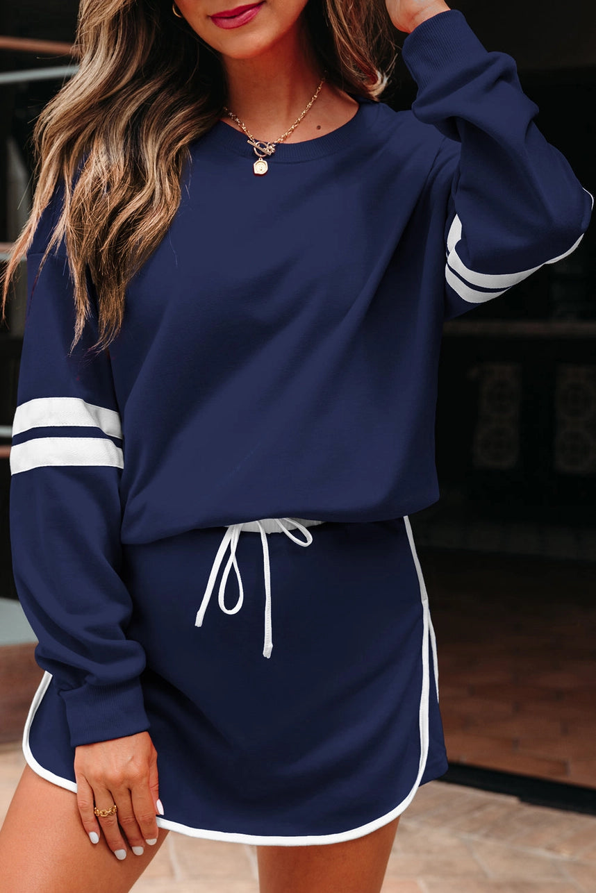 Varsity Stripe Pullover & Skirt Set - Navy