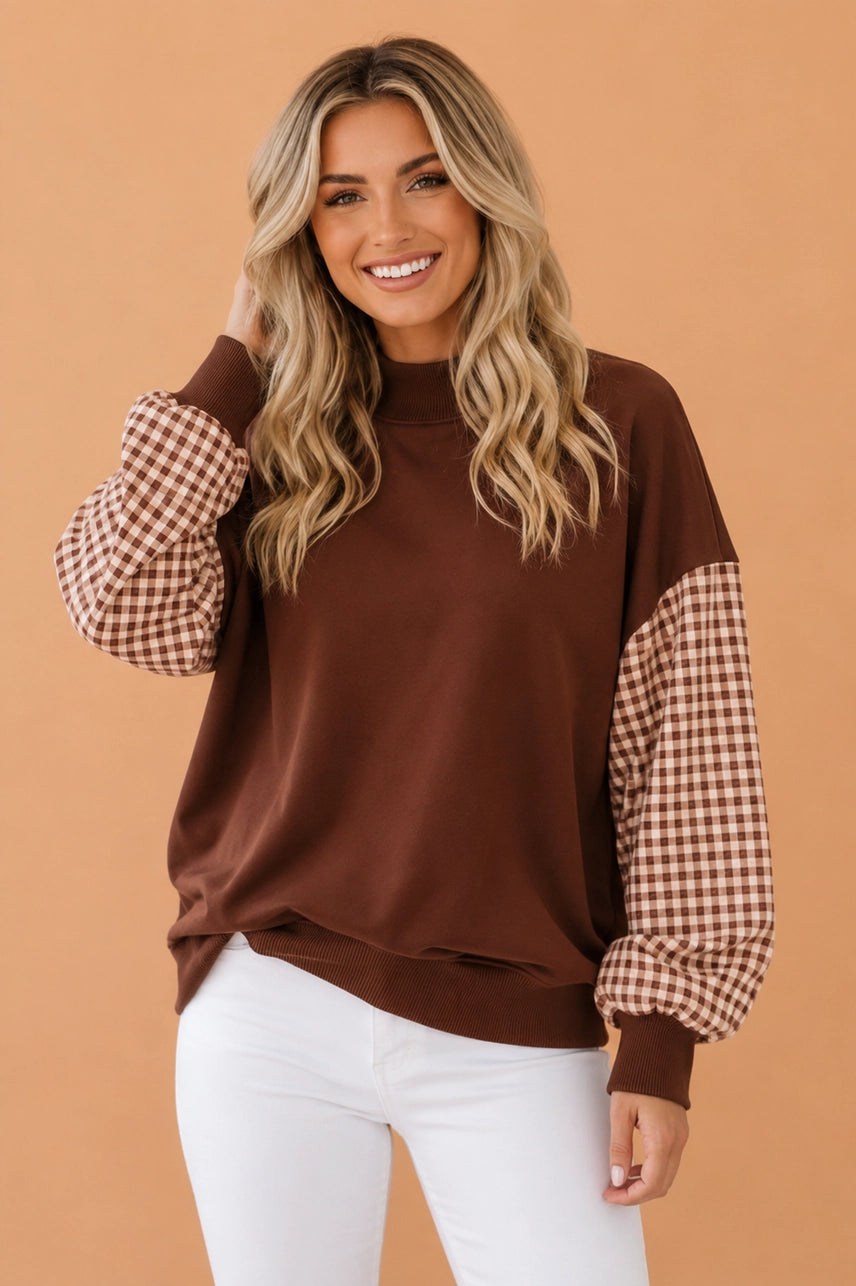 Gingham Sleeve Mock Neck