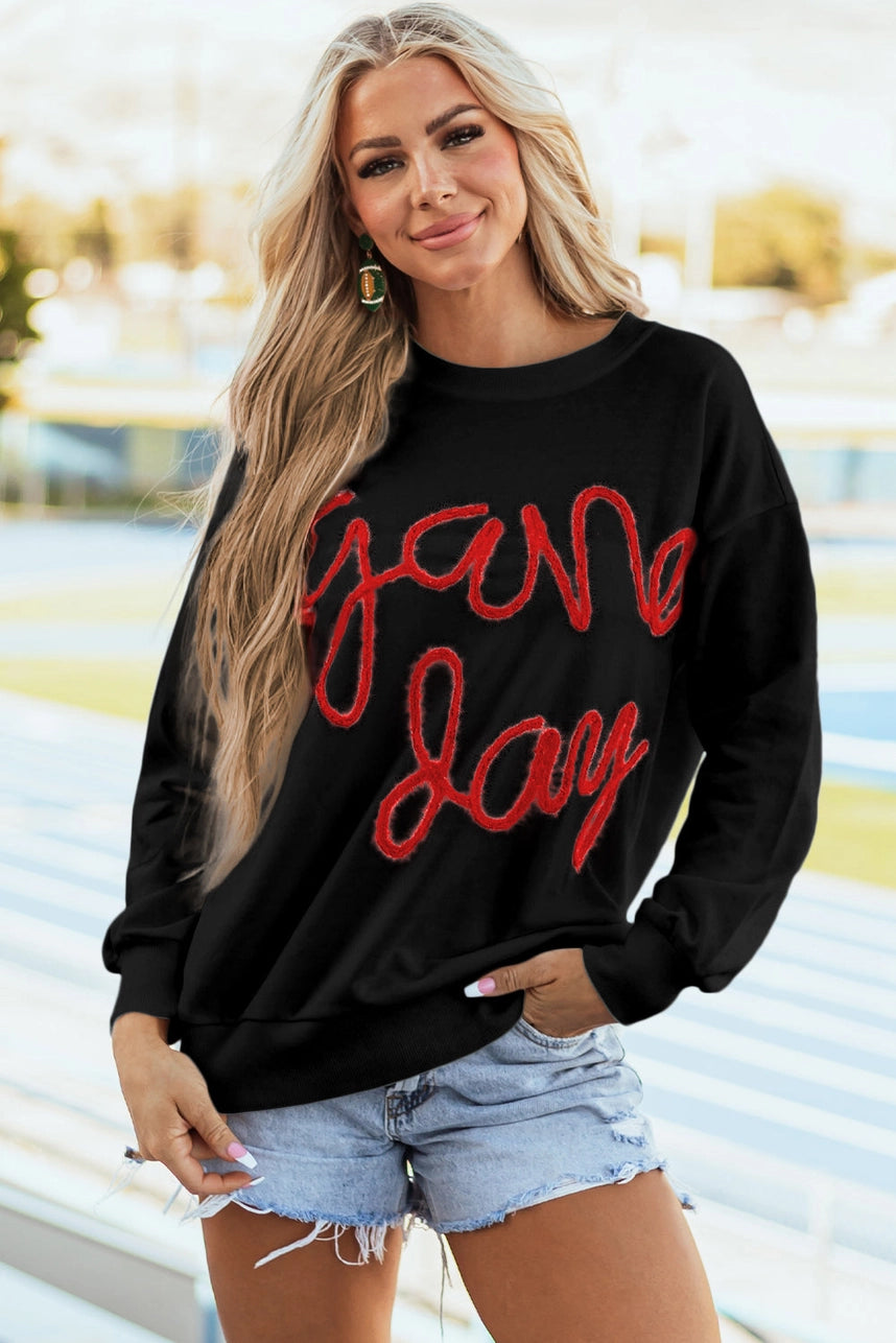 Tinsel Embroidery Black & Red Gameday Sweatshirt