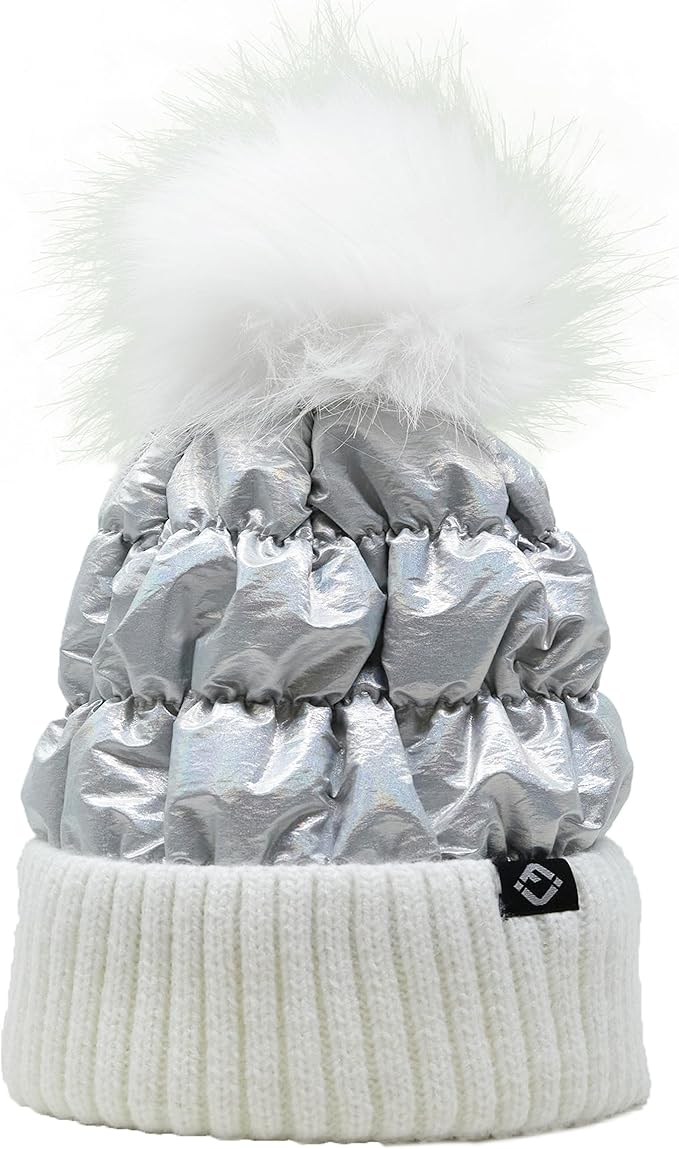 Toddler/Kids Puffer Pom Beanie - Silver