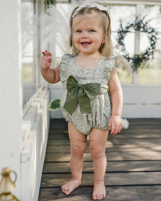 Sage Green Floral Bow Front Bubble Romper