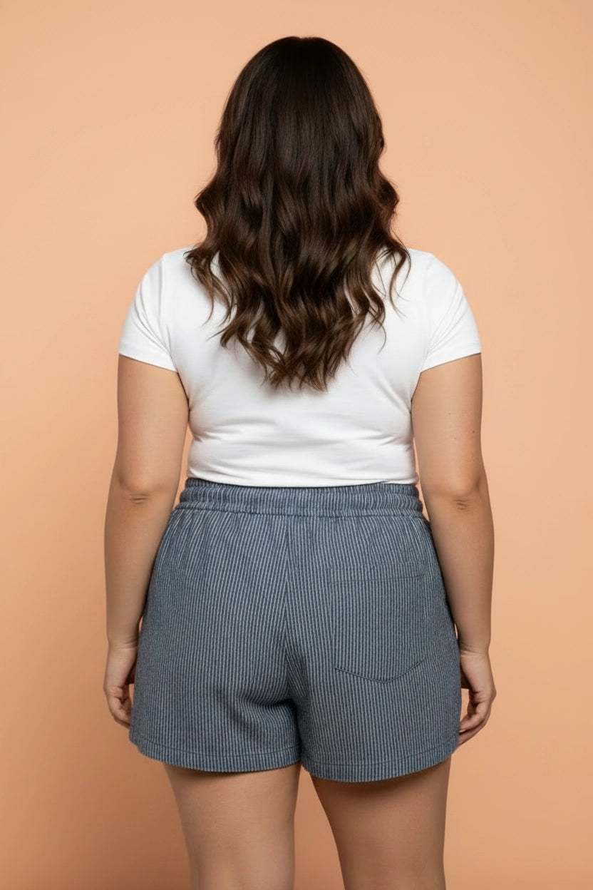 Stripe Denim Drawstring Shorts - Curvy