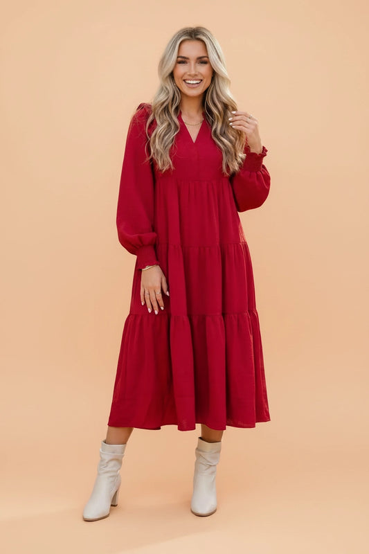 Red Ruffle Tiered Midi Dress