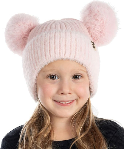 Toddler/Kids Double Pom Chenille Earflap Beanie - Pink