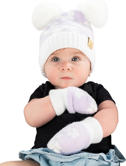 Infant Double Pom Beanie/Mittens Set - Lavender Daisy