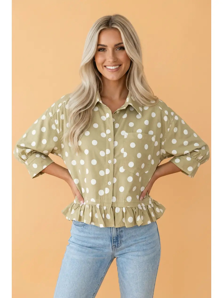Polka Dot 3/4 Sleeve Ruffle Hem Shirt