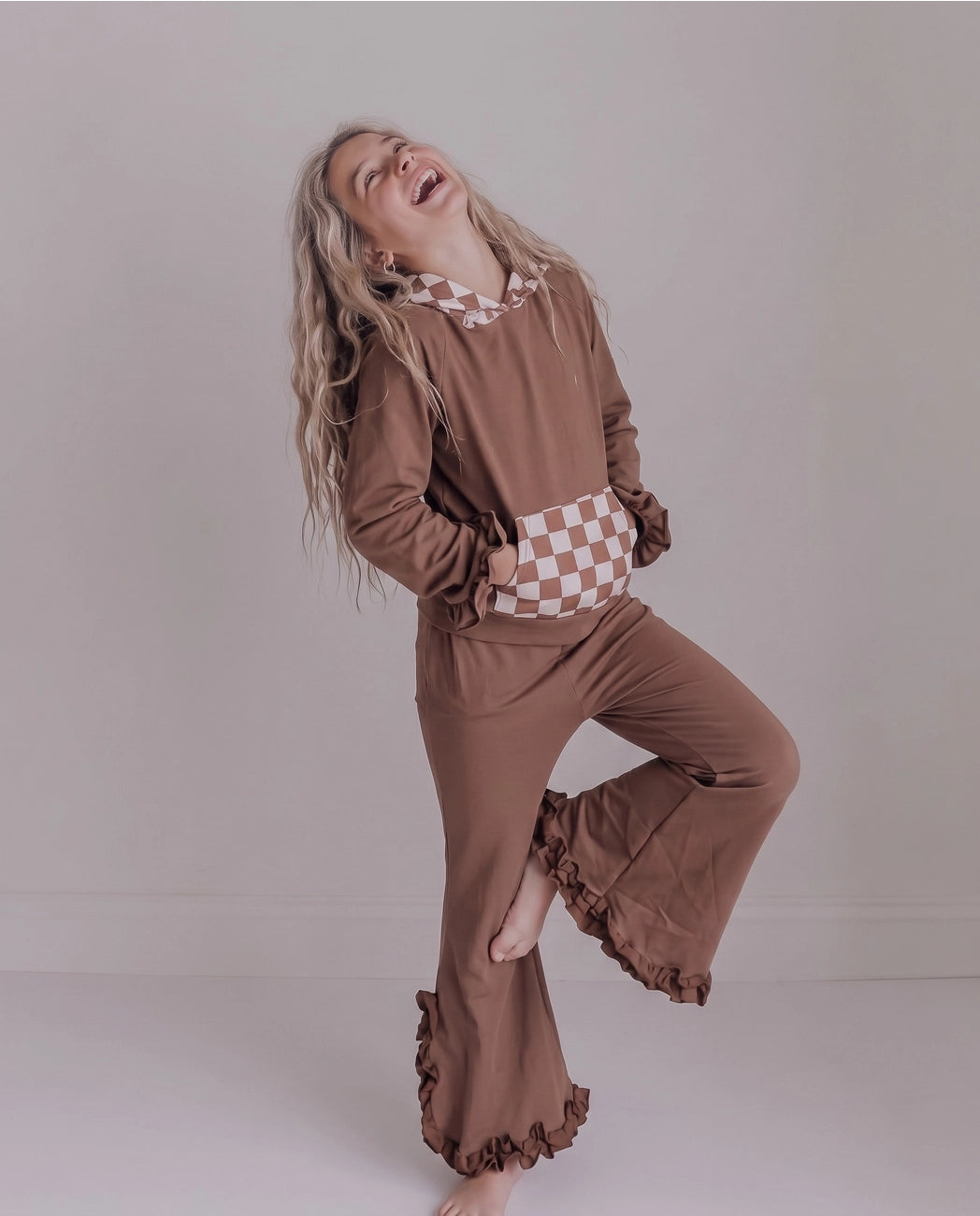 Chocolate Checkered Hooded Ruffle Pocket Lounge Set