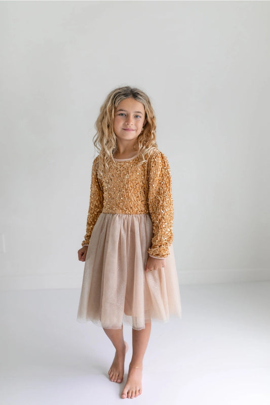 Gold Sequin Tulle Holiday Party Dress