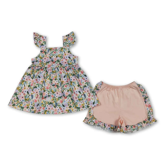 Floral Flutter Sleeves Tunic & Ruffle Shorts