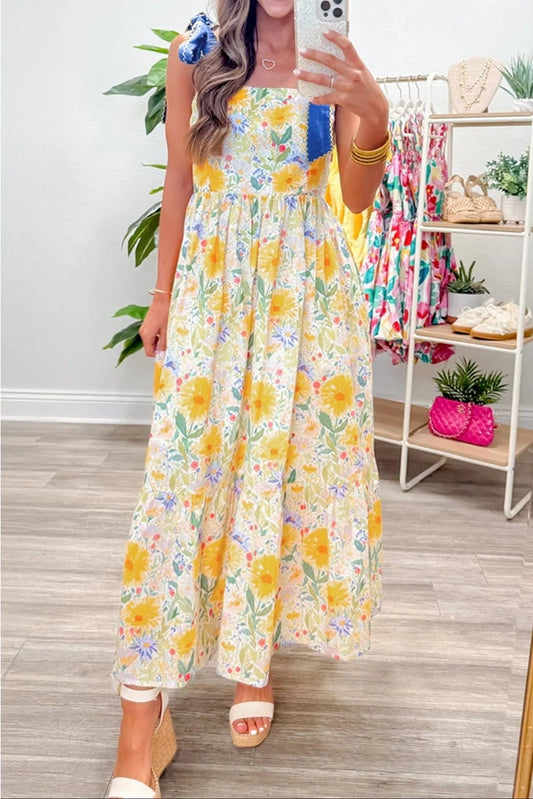 Yellow Floral Denim Tie Strap Maxi Dress