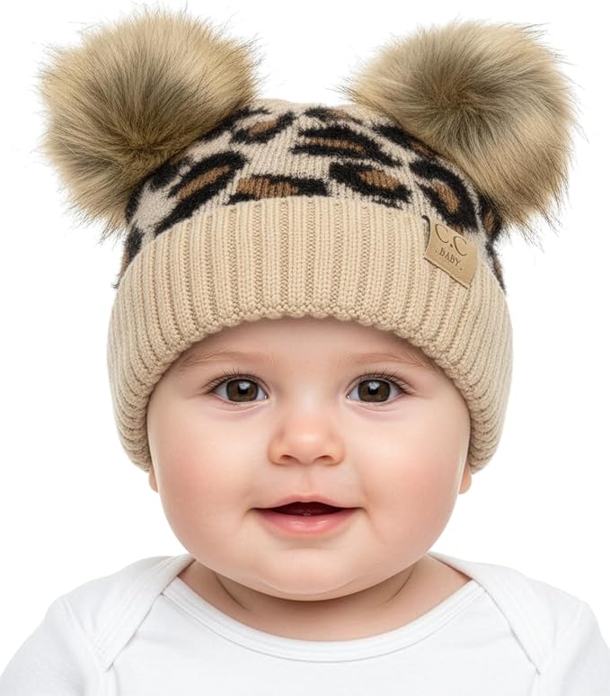 Infant Double Pom Beanie - Leopard