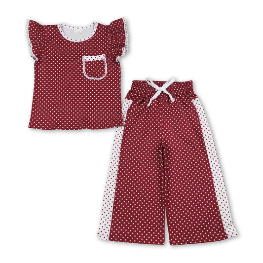 Maroon Polka Dots Flutter Sleeve Set