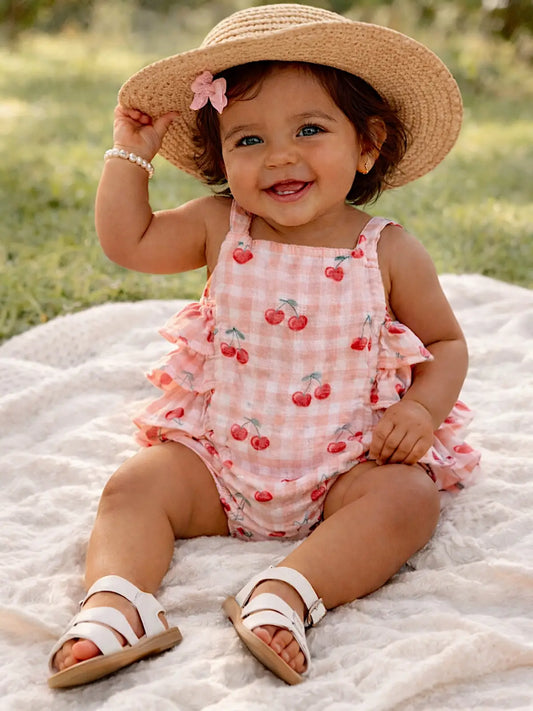 Gingham Cherries Muslin Ruffle Romper