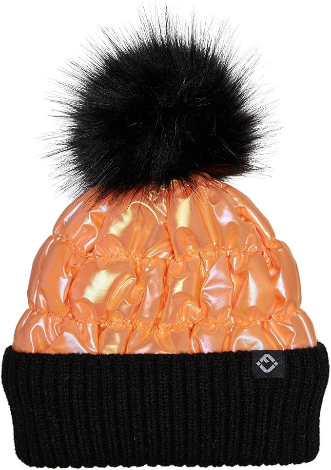 Toddler/Kids Puffer Pom Beanie - Black/Orange