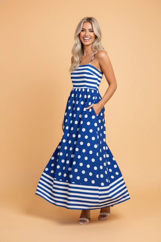 Blue & White Stripe Polka Dot Maxi