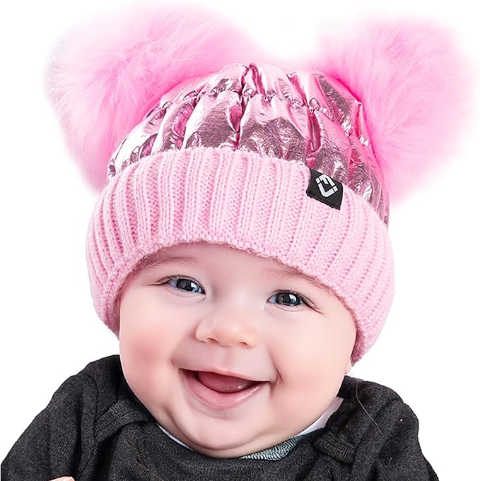 Infant Puffer Double Pom Beanie - Pink