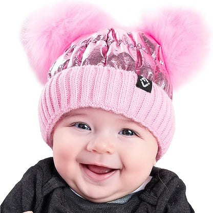Infant Puffer Double Pom Beanie - Pink