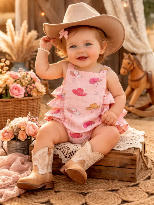 Western Pink Muslin Ruffle Romper