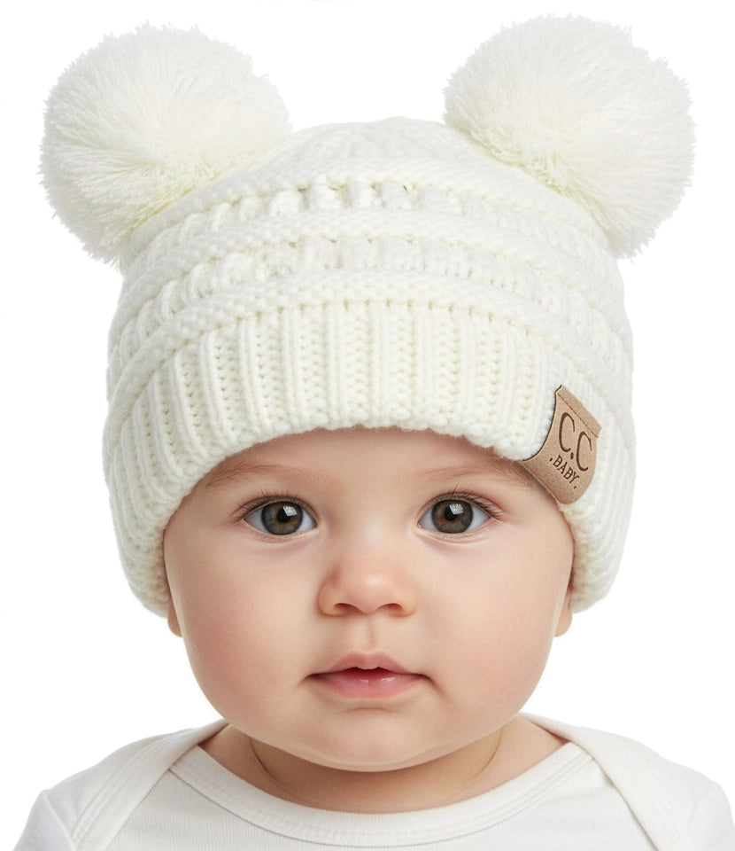 Infant Woven Double Pom Beanie - White
