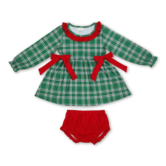 Green Plaid Red Bows Bummies Set