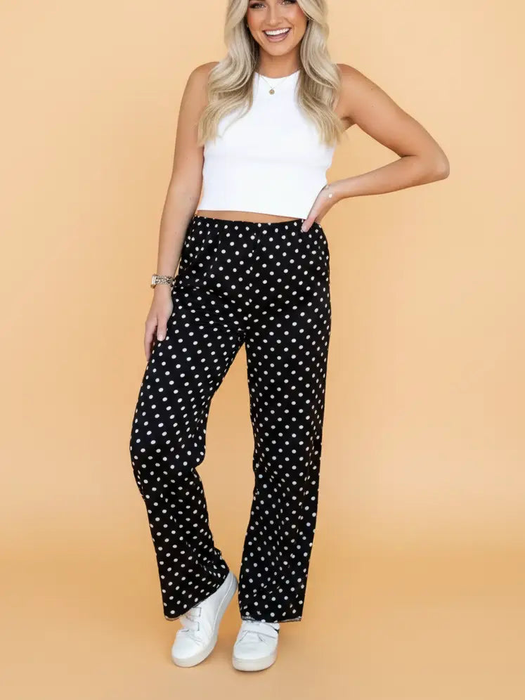 Black Elastic Waist Lace Hem Pants