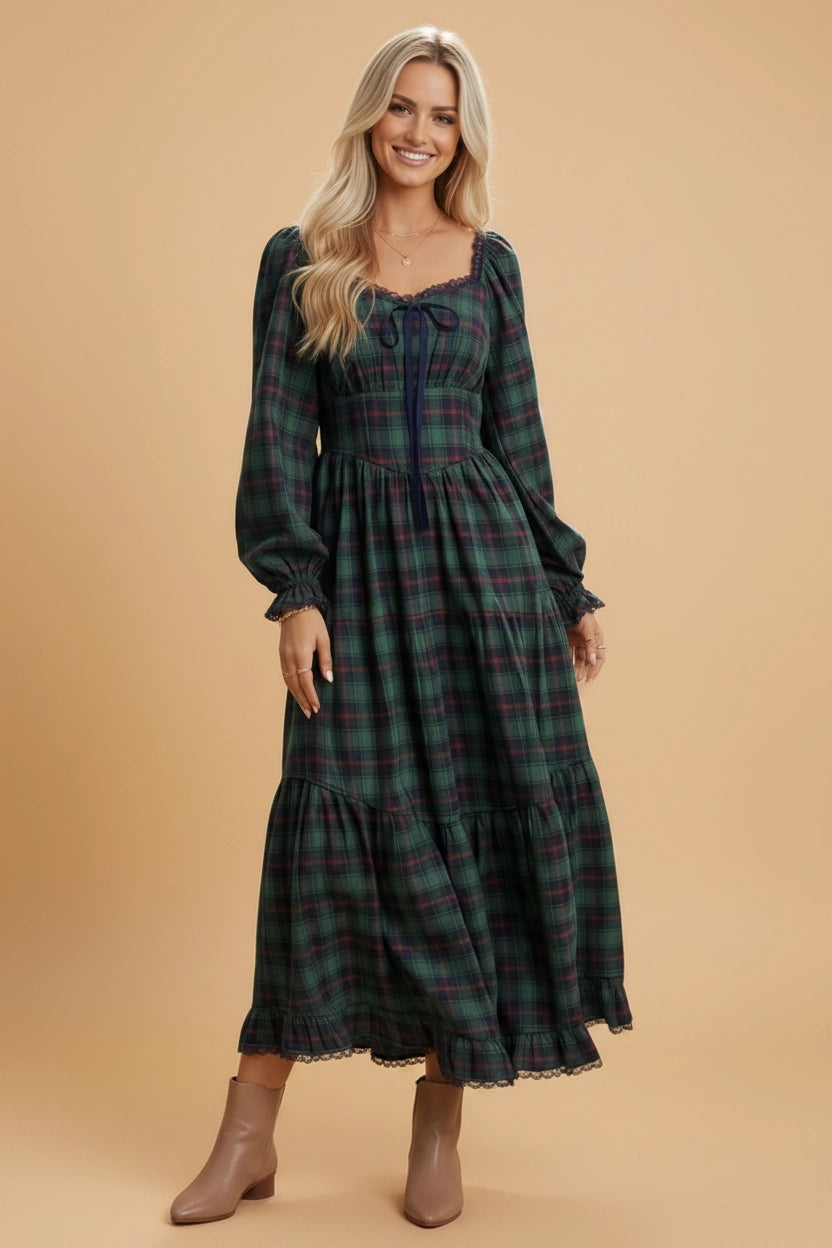 Green Plaid Lace Trim Maxi