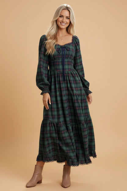 Green Plaid Lace Trim Maxi