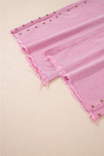 Pink Studded Split Hem Wide Leg Jeans