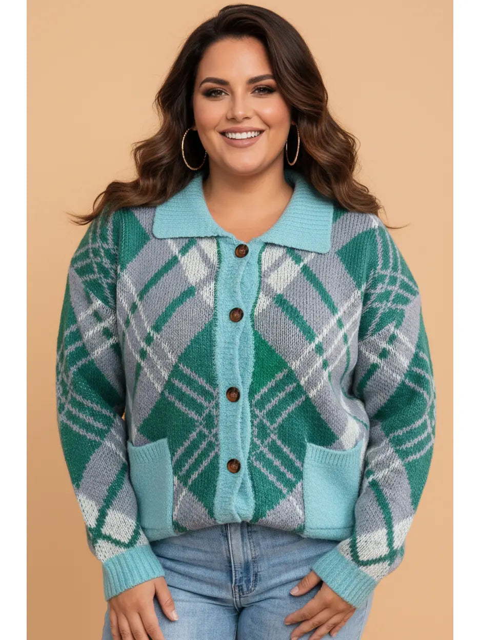 Plaid Buttoned Collar Knit Cardigan - Curvy