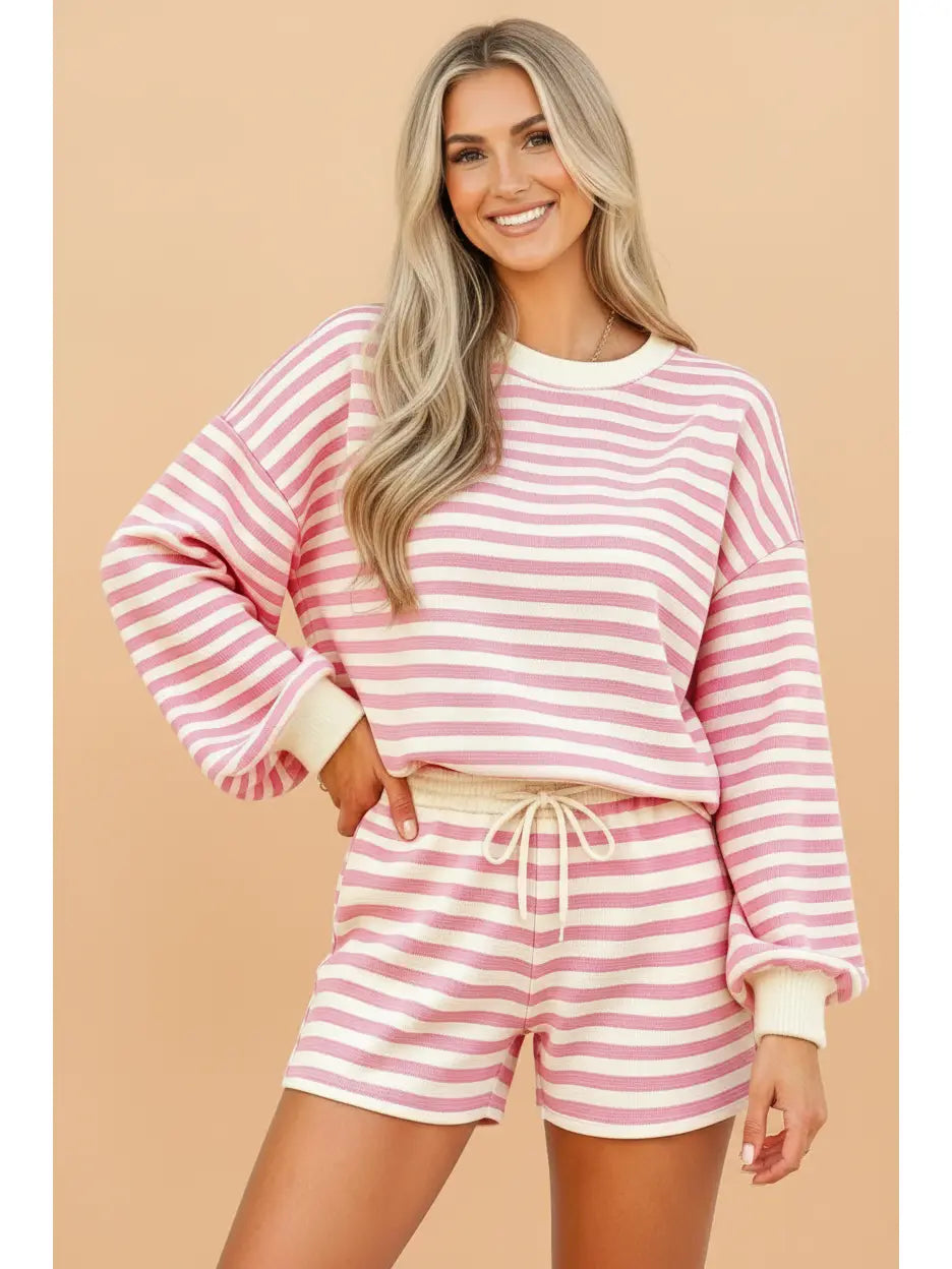 Pink Stripe Long Sleeve Top & Shorts Set