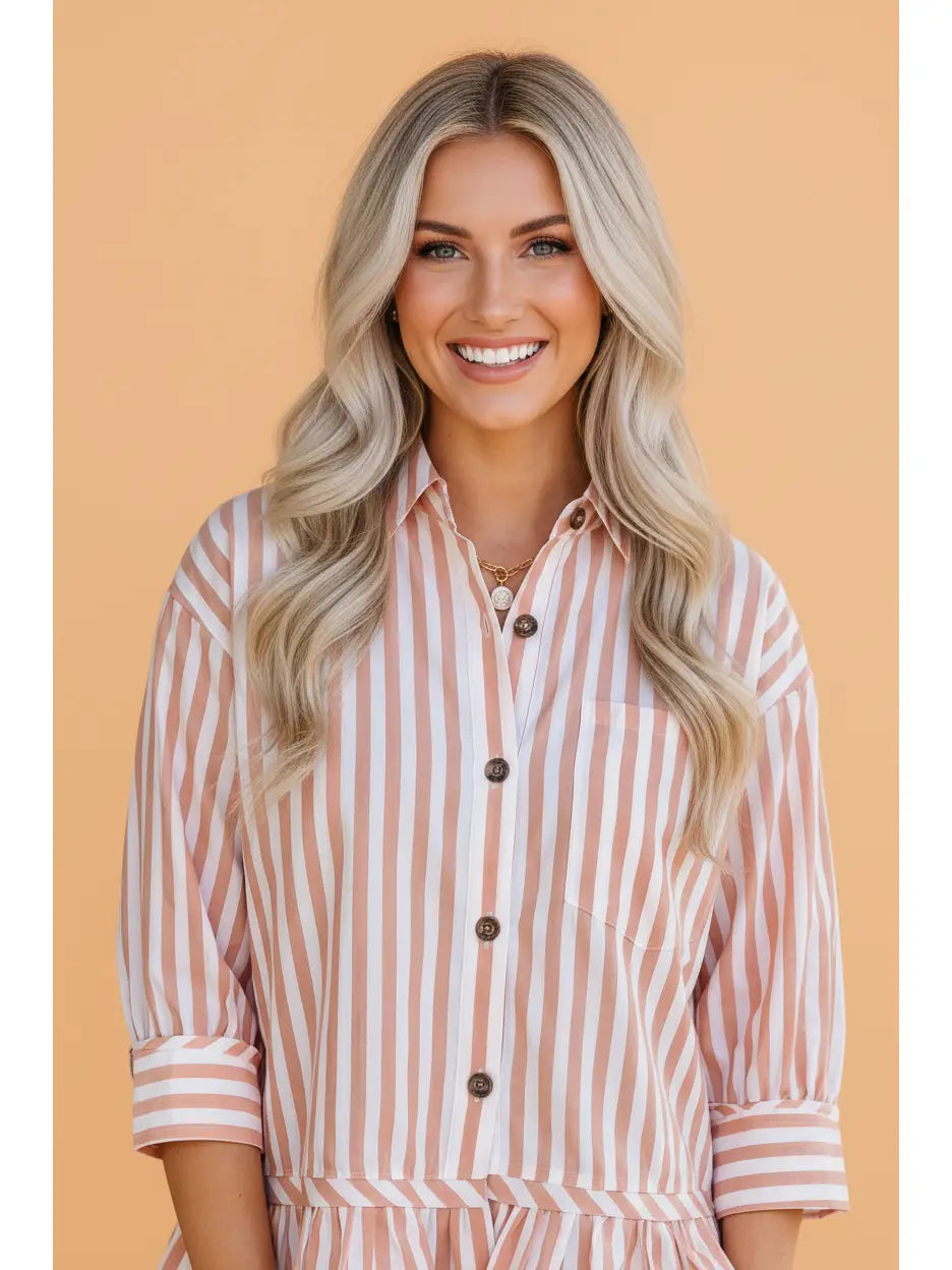 Khaki Stripe Ruffle Buttoned Shirt