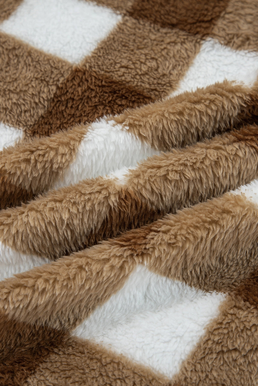 Brown Gingham Sherpa Button-Up Cardigan