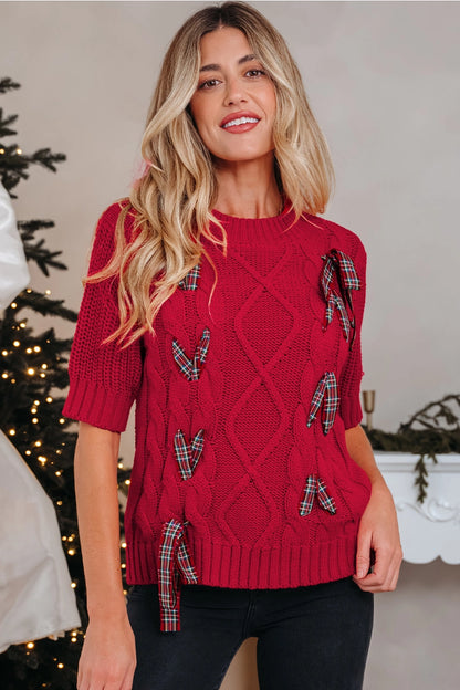 Plaid Lace-Up Puff Sleeve Sweater