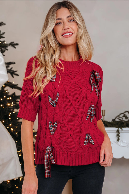 Plaid Lace-Up Puff Sleeve Sweater