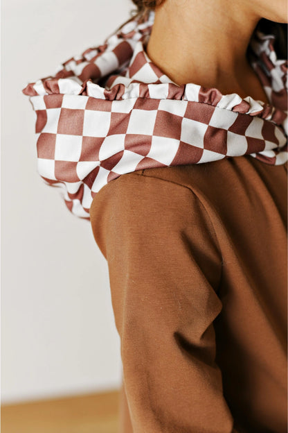 Chocolate Checkered Hooded Ruffle Pocket Lounge Set