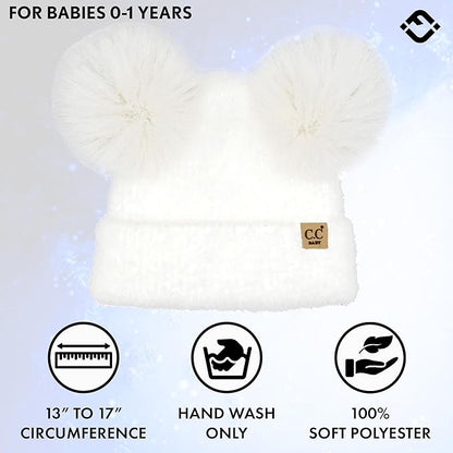 Infant Double Pom Chenille Beanie - White