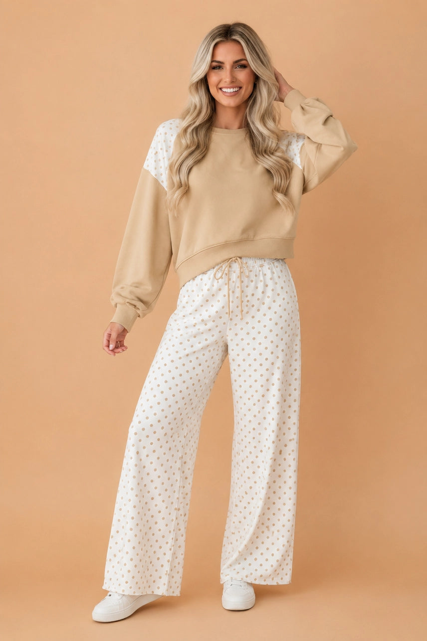 Khaki Polka Dot Patchwork Sweatshirt & Pants Set