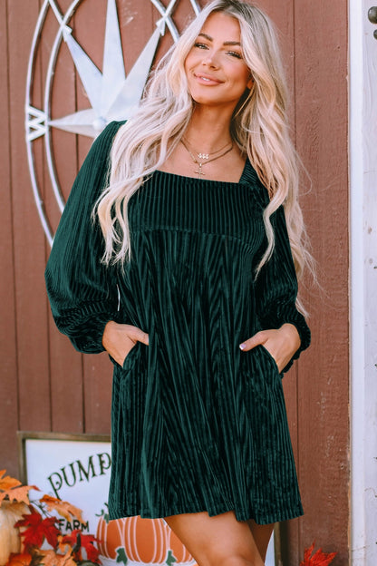 Green Velvet Square Neck Babydoll Dress