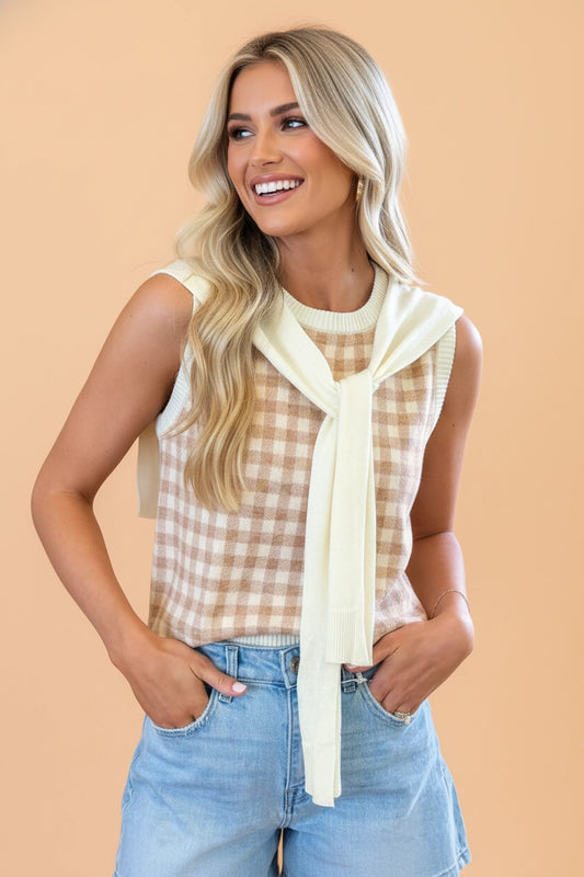 Beige Gingham Sweater Tank & Knit Shawl