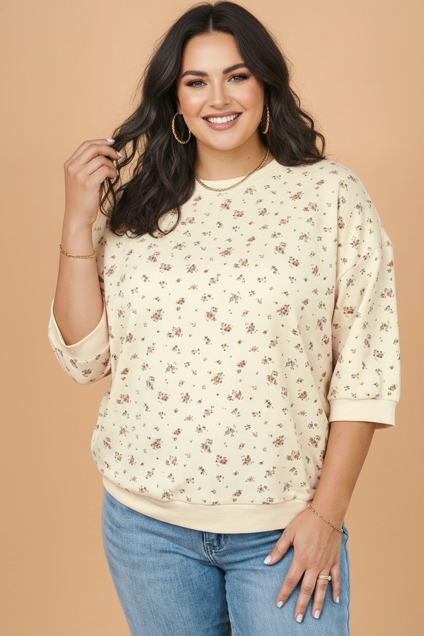 Beige Floral 3/4 Sleeve Blouse - Curvy
