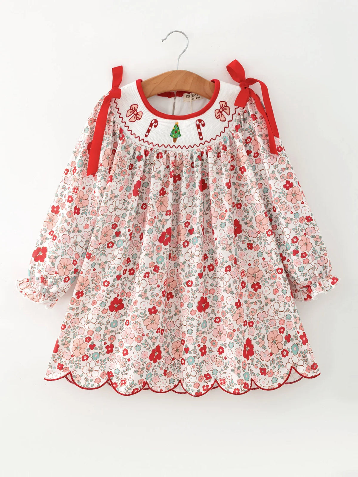 Christmas Floral Smocked Long Sleeve Dress