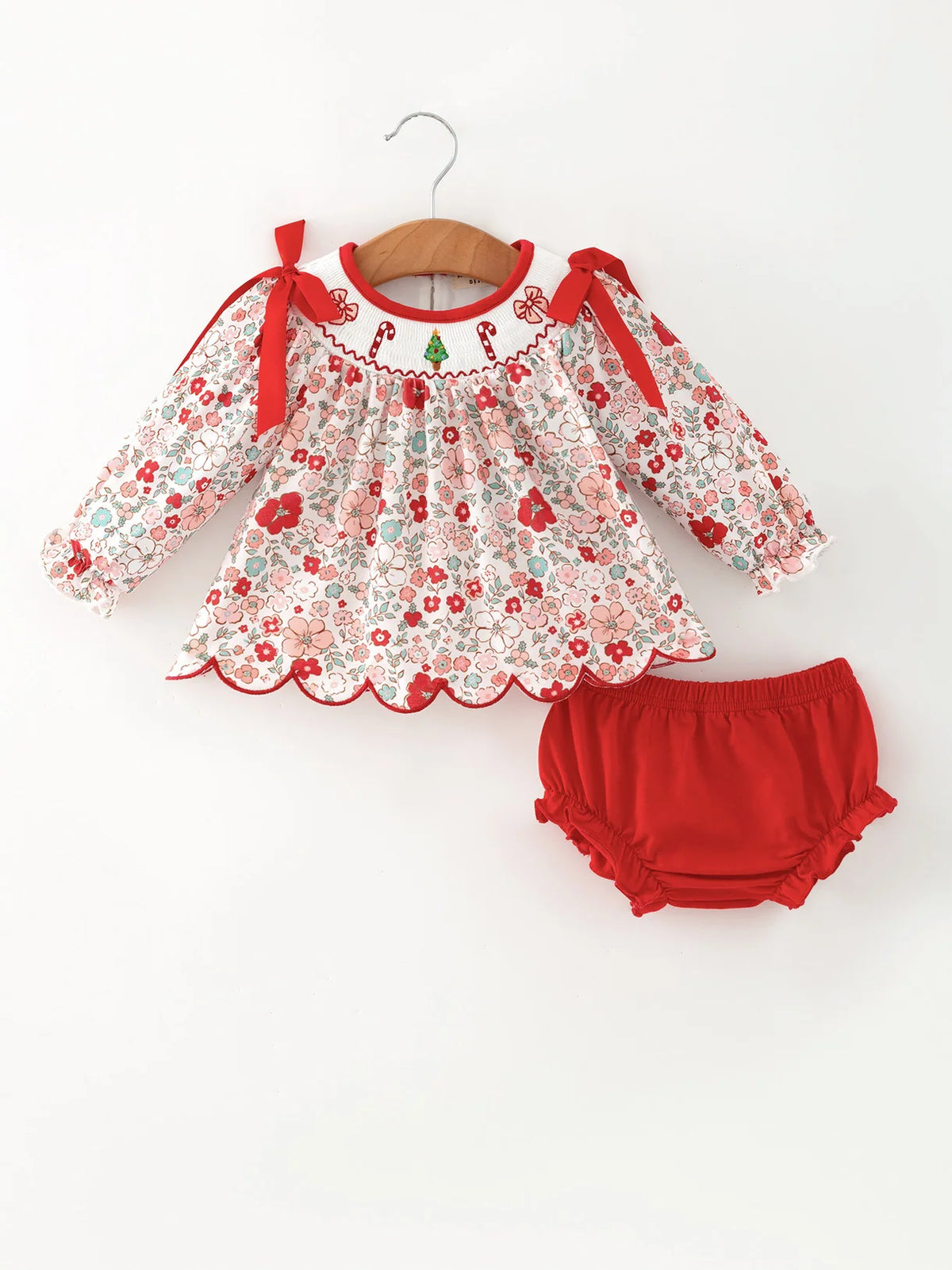 Christmas Floral Smocked Long Sleeve Bloomer Set