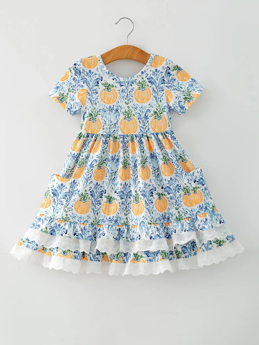 Blue Pumpkin Patch Dress Lace Trim with Pockets